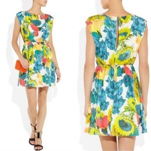 Alice + Olivia Silk Sunflower Print Mini Dress XS Keyhole Back Elastic Waistband